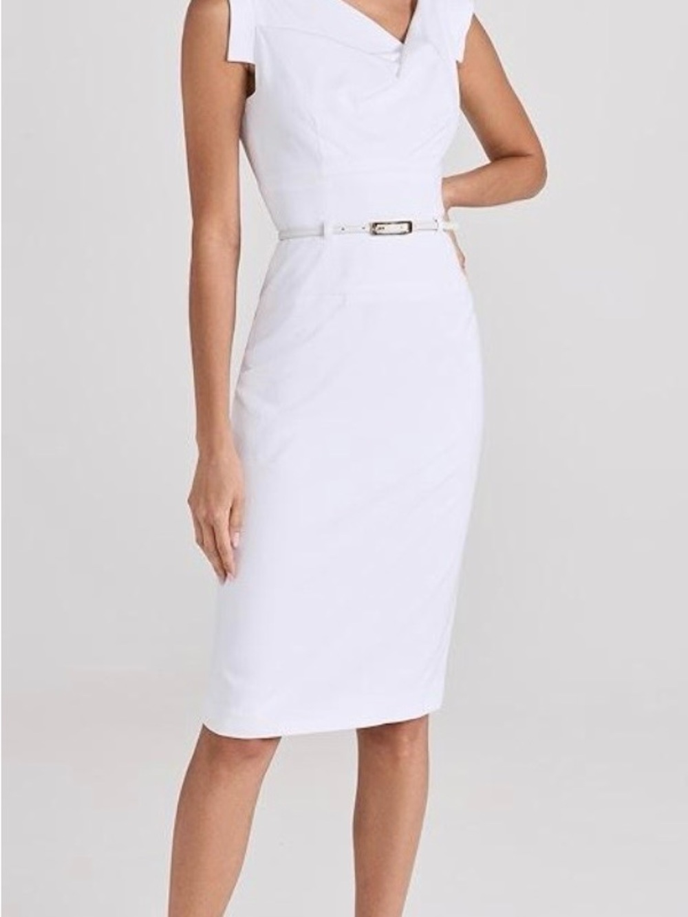 Black Halo White Cap-Sleeve Midi Sheath Dress with Slim Belt